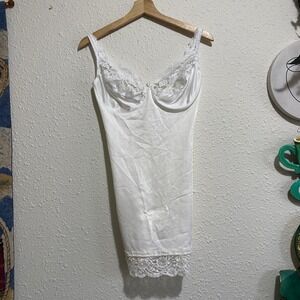 Vintage Sandy Smith 38C White Lace Full Slip Dress bodysuit hook Lingerie Wired